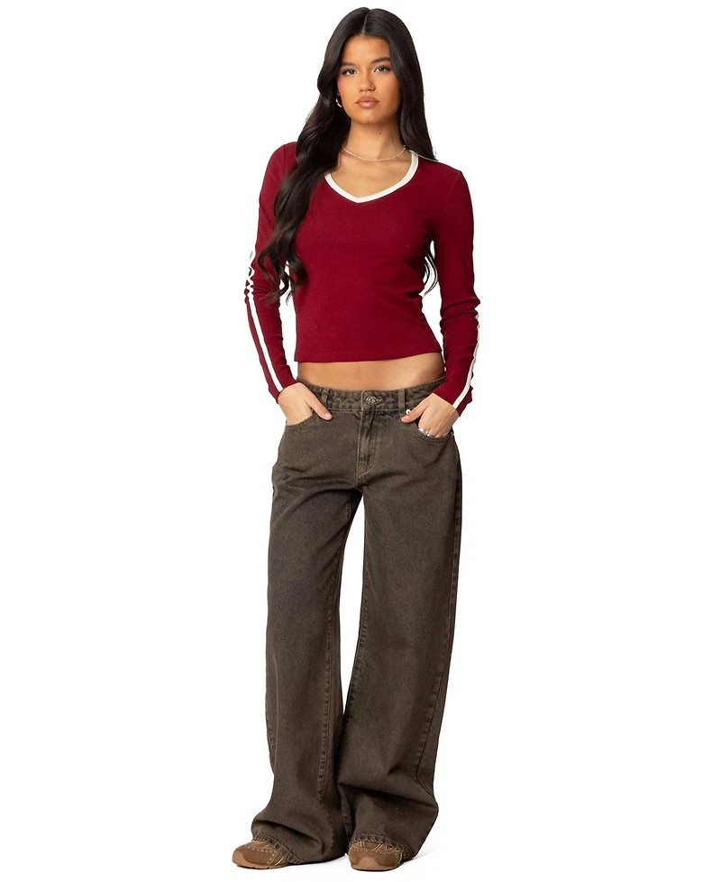 Edikted Womens Contrast V Neck Long Sleeve T Shirt