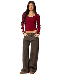Edikted Womens Contrast V Neck Long Sleeve T Shirt