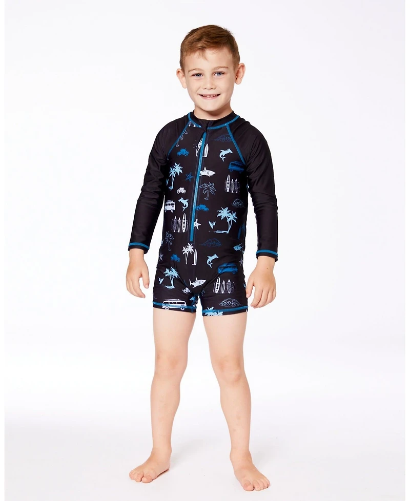 Deux par Deux Boys Printed Long Sleeve Rashguard Light Blue Beach On Black