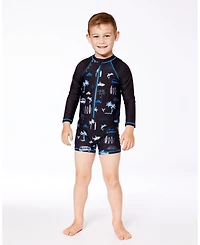 Deux par Deux Boys Printed Long Sleeve Rashguard Light Blue Beach On Black