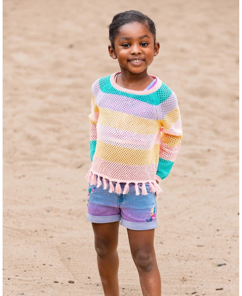 Deux par Deux Toddler Girls Cuffed Denim Shorts With Embroidery Floral Jeans Blue - Toddler|Child