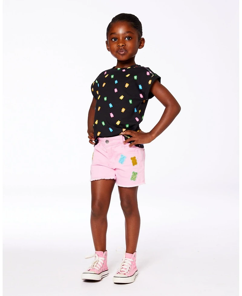 Deux par Deux Toddler Girls Jean Short With Embroidery Pink And Multicolored Gummies - Toddler|Child