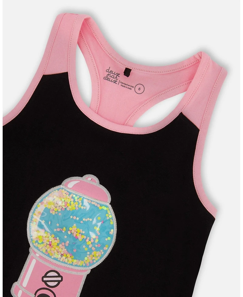 Deux par Deux Toddler Girls Organic Cotton Racerback Tank Top Black And Candy Machine - Toddler|Child