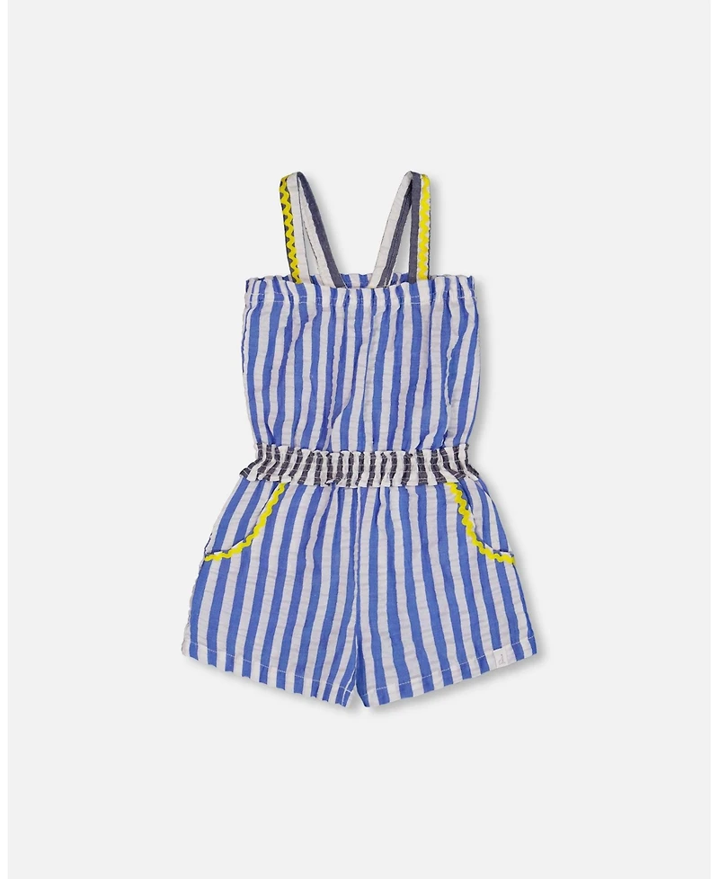 Deux par Toddler Girls Sleeveless Seersucker Romper Blue And White Striped - Toddler|Child