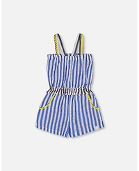 Deux par Toddler Girls Sleeveless Seersucker Romper Blue And White Striped - Toddler|Child