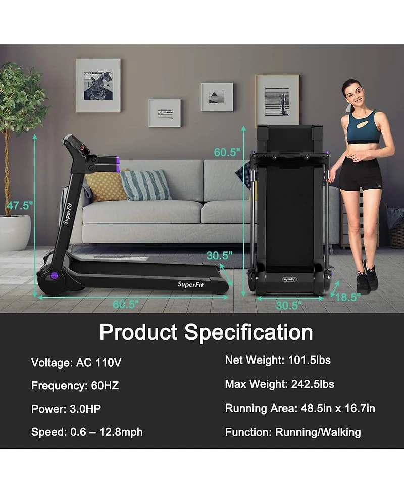 3HP Electric Folding Treadmill with Bluetooth Speaker