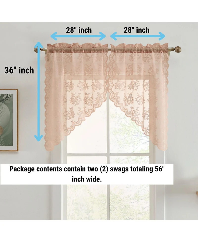 Hlc.me Jolene Floral Rod Pocket Lace Short Cafe Swags for Small Windows - 28 x 36 Inch Length (Blush Pink Swags, Set of 2)