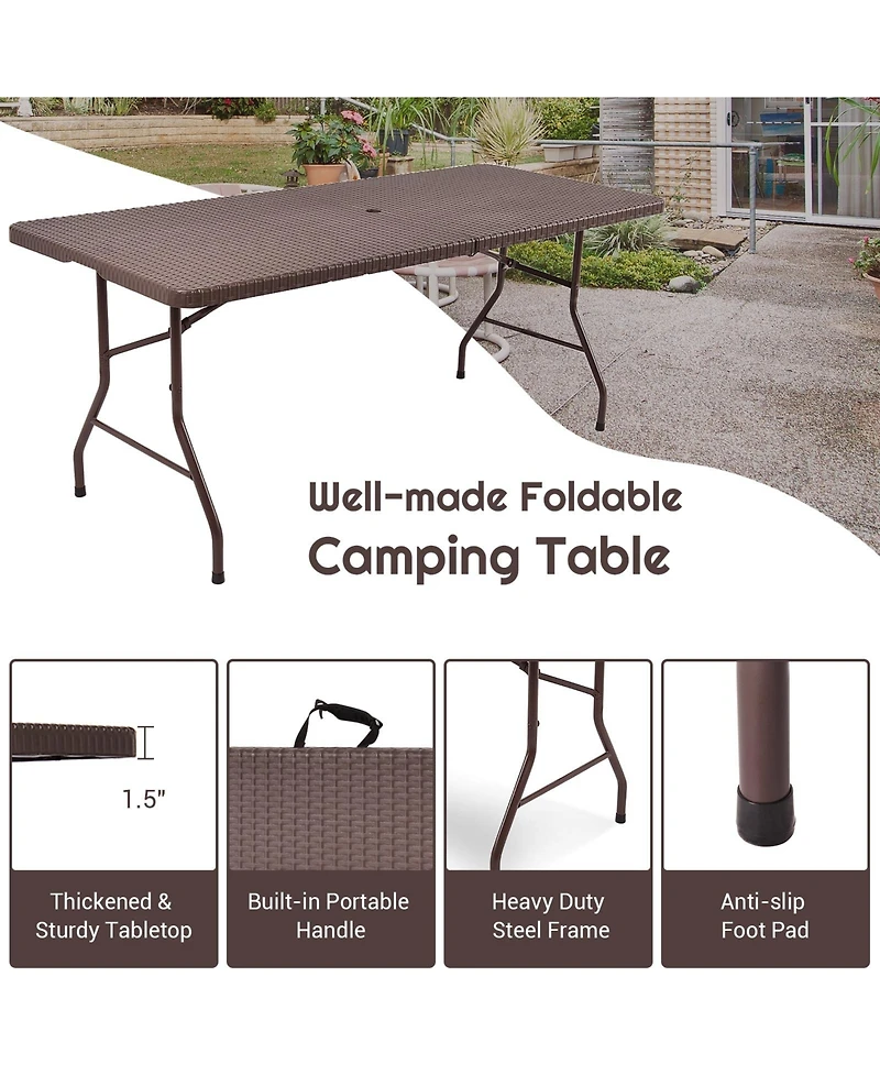 6 Feet Folding Portable Rattan Table with Carrying Handle