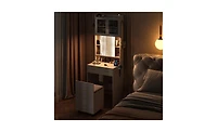 Small Vanity Desk with Mirror and Led Lights – Compact Makeup Table with Charging Station and Storage Shelves for Small Spaces
