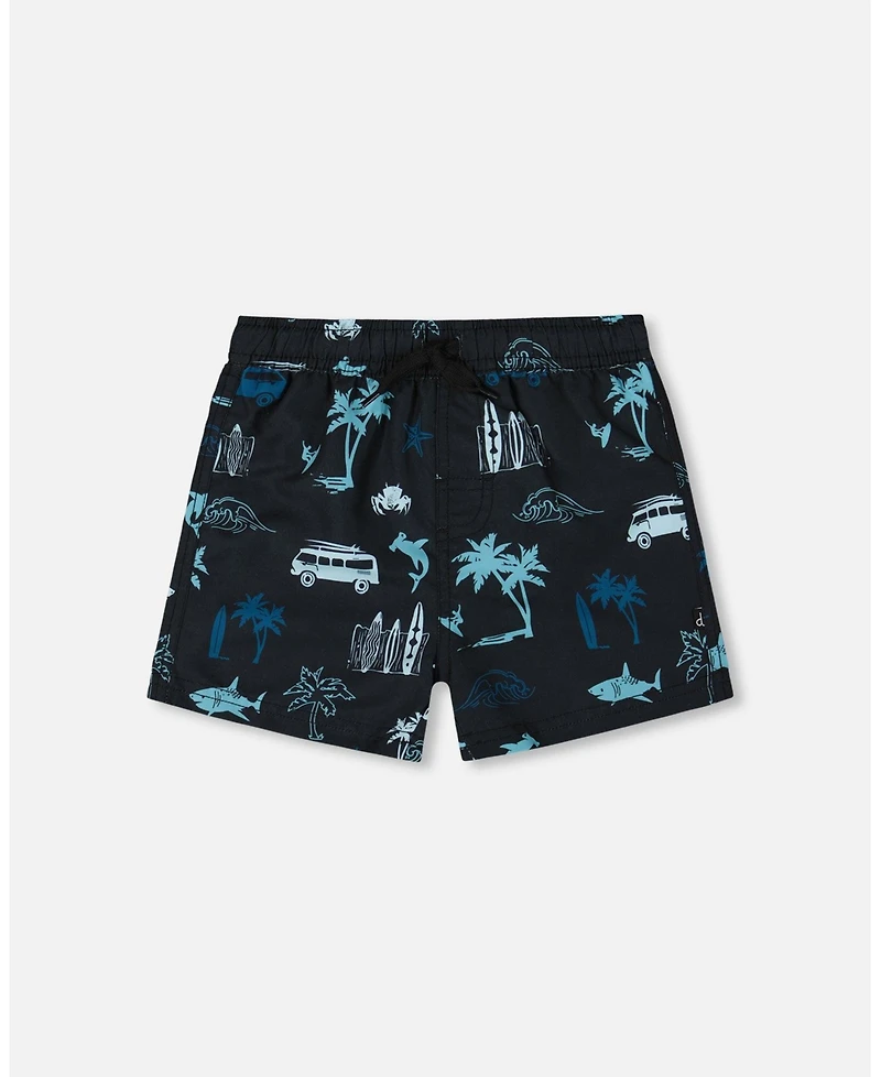Deux par Deux Boys Printed Swim Trunks Light Blue Beach On Black