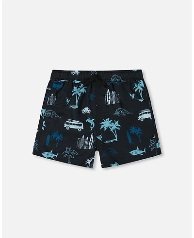 Deux par Deux Boys Printed Swim Trunks Light Blue Beach On Black