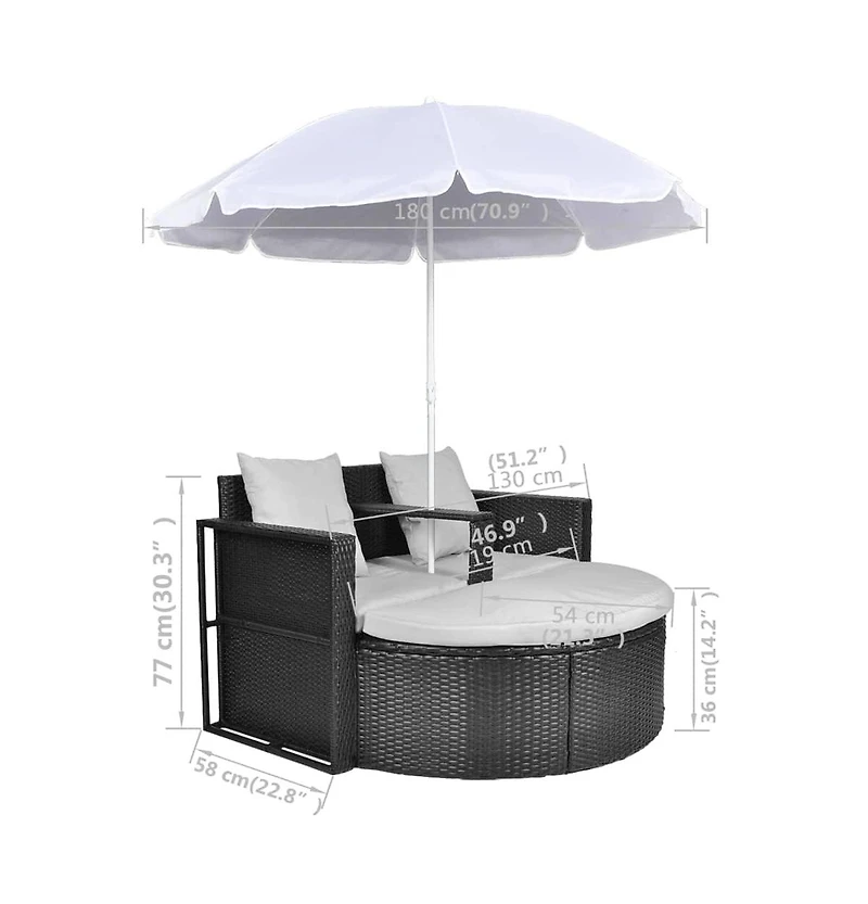 Patio Bed Outdoor Lounger Wicker Daybed with Parasol Poly Rattan