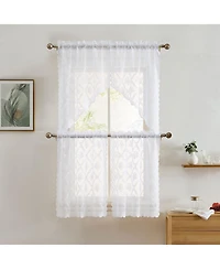 Hlc.me Isabella Floral Rod Pocket Lace Semi Sheer Voile Short Cafe Tiers for Small Windows - 28 x Inch Length (White Tiers
