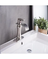 Waterfall Single Hole Single-Handle Low-Arc Bathroom Faucet With Pop-up Drain Assembly in Brushed Nickel