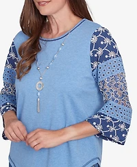 Alfred Dunner Women's Free Spirit Patchwork Sleeve Knit Top with Necklace