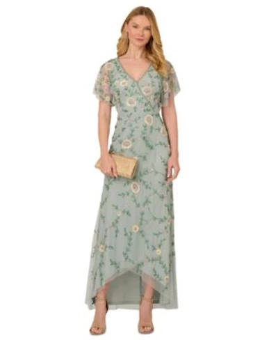Adrianna Papell Womens Bead Flutter Sleeve Midi Mesh Dress