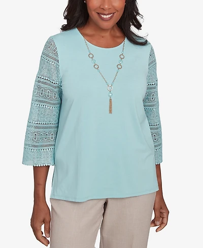 Alfred Dunner Women's Kensington Gardens Solid Lace Sleeve Knit Top with Necklace