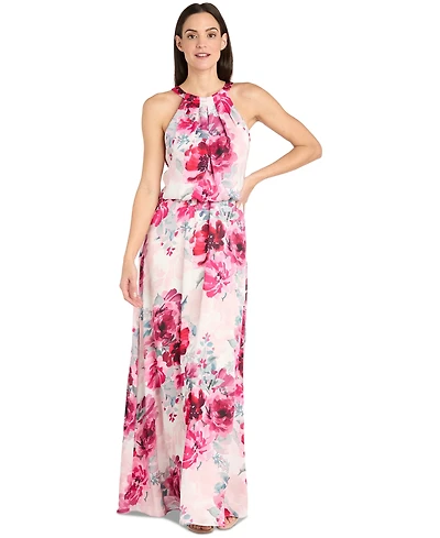 R & M Richards Petite Floral-Print High-Neck Blouson Dress