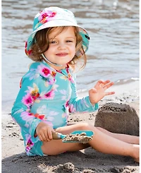 Deux par Deux Baby Girls Printed One-Piece Rashguard With Frills Turquoise And Pink Flowers