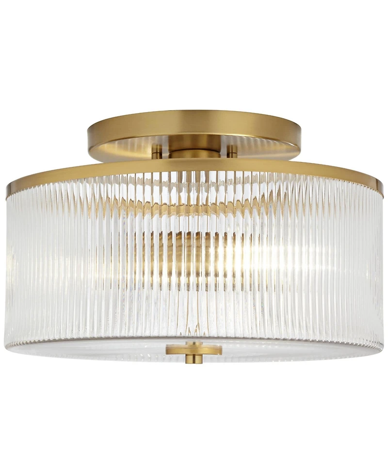 McKenzie 14" Mid Century Modern 2-Light Semi Flush-Mount Ceiling Light Fixture Kitchen Foyer Hallway Drum Round Warm Brass Finish Ribbed Glass Me