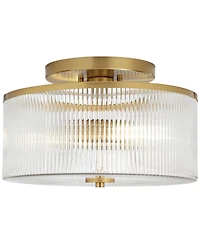 McKenzie 14" Mid Century Modern 2-Light Semi Flush-Mount Ceiling Light Fixture Kitchen Foyer Hallway Drum Round Warm Brass Finish Ribbed Glass Me