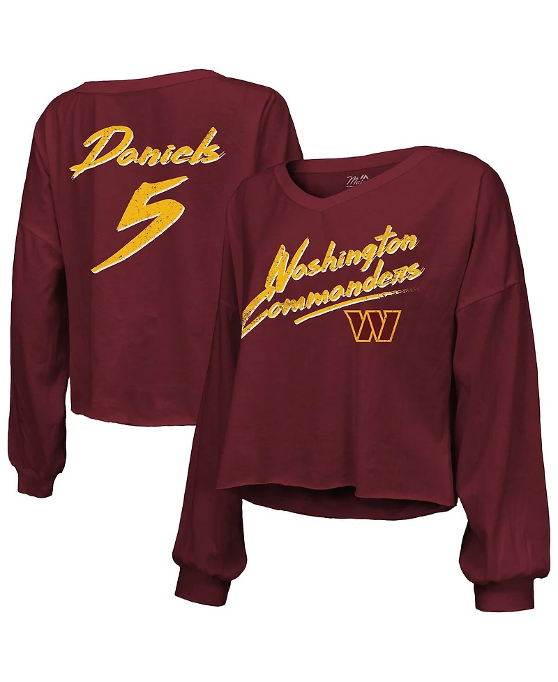 Majestic Women's Jayden Daniels Burgundy Washington Commanders Off-Shoulder Script Player Name Number Cropped Long Sleeve V-Neck T-Shirt