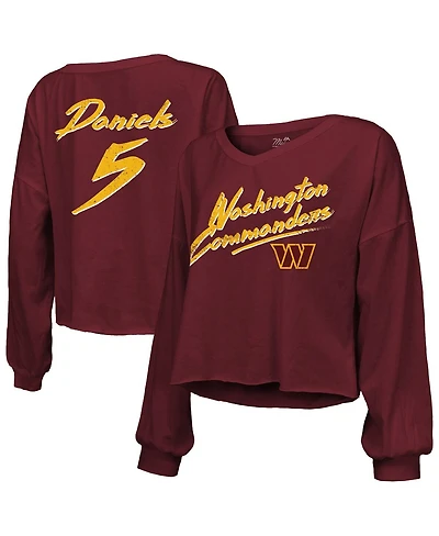 Majestic Women's Jayden Daniels Burgundy Washington Commanders Off-Shoulder Script Player Name Number Cropped Long Sleeve V-Neck T-Shirt