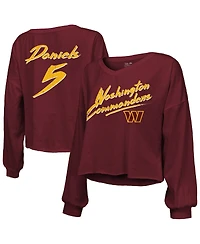 Majestic Women's Jayden Daniels Burgundy Washington Commanders Off-Shoulder Script Player Name Number Cropped Long Sleeve V-Neck T-Shirt