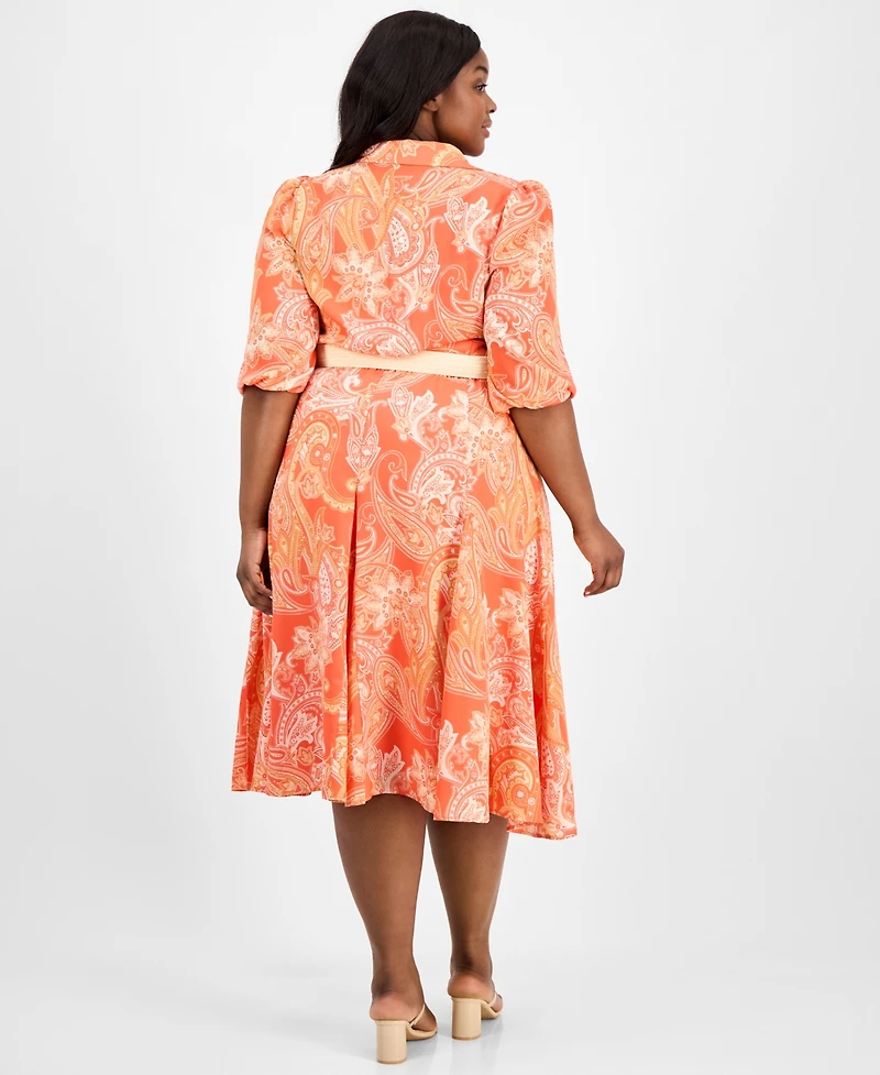 Tahari Asl Plus Size Printed Belted Midi Shirtdress