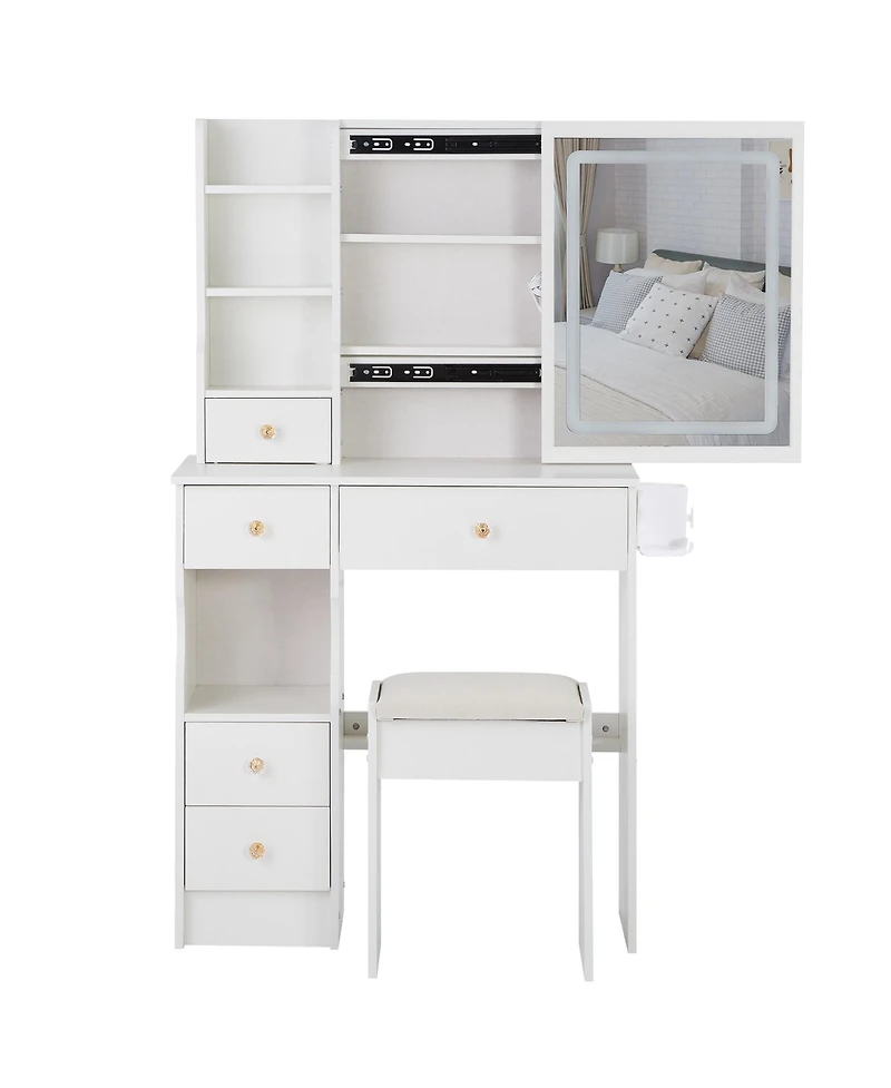 50.40"Small Size Left Drawer Desktop Vanity Table + Cushioned Stool, 2 Ac+2 Usb Power Station, Hair dryer bracket,White