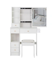 50.40"Small Size Left Drawer Desktop Vanity Table + Cushioned Stool, 2 Ac+2 Usb Power Station, Hair dryer bracket,White