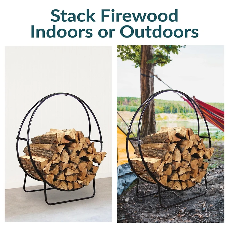 Indoor/Outdoor Steel Round Fire Pit or Fireplace Firewood Log Hoop Rack Holder - Black