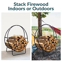 Indoor/Outdoor Steel Round Fire Pit or Fireplace Firewood Log Hoop Rack Holder - Black