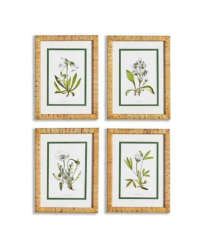 11.75" x 15.75" White Floral Flowers Decorative Study Wall Art Prints w/ Bamboo Wrapped Frame, Set of 4