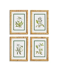 11.75" x 15.75" White Floral Flowers Decorative Study Wall Art Prints w/ Bamboo Wrapped Frame, Set of 4