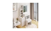 Small Left Bedside Vanity Table with Led Mirror and Cushioned Stool – Compact Makeup Station for Bedroom
