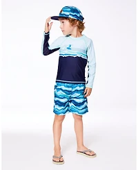 Deux par Deux Boys Long Sleeve Rashguard Navy Blue And Turquoise