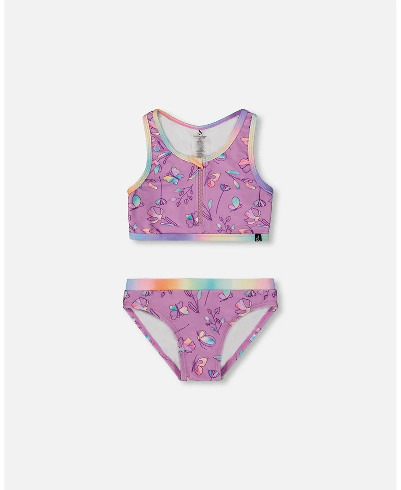 Deux par Girl Printed Two-Piece Swimsuit Old Mauve And Multicolored Butterflies - Toddler|Child