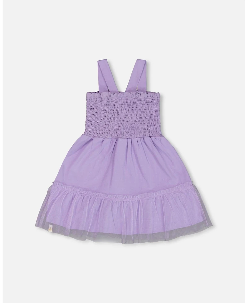 Deux par Big Girls Smocked Organic Cotton Dress With Mesh Frill Lilac