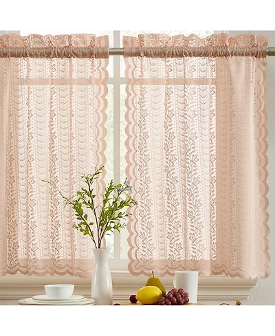 Hlc.me Sophia Floral Rod Pocket Lace Semi Sheer Voile Short Cafe Tiers for Small Windows - 28 x 36 Inch Length (Blush Pink Tiers, Set of 2)
