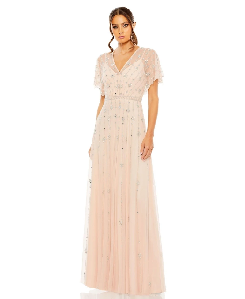 Mac Duggal Women's V-Neck Embellished Flutter Sleeve A Line Gown