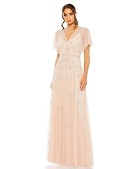 Mac Duggal Women's V-Neck Embellished Flutter Sleeve A Line Gown