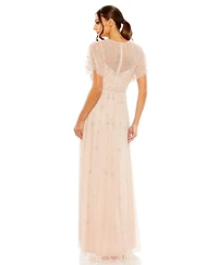 Mac Duggal Women's V-Neck Embellished Flutter Sleeve A Line Gown
