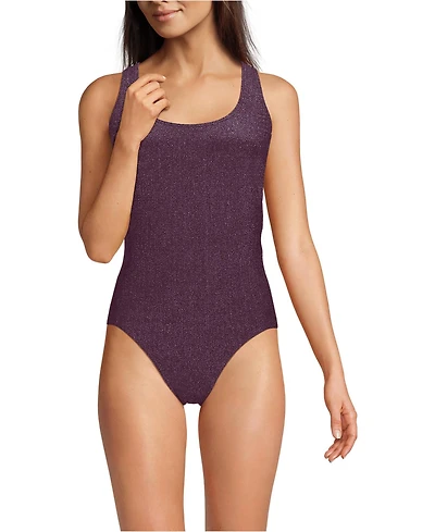 Lands' End Women's Chlorine Resistant Shine X-Back High Leg Soft Cup Tugless One Piece Swimsuit