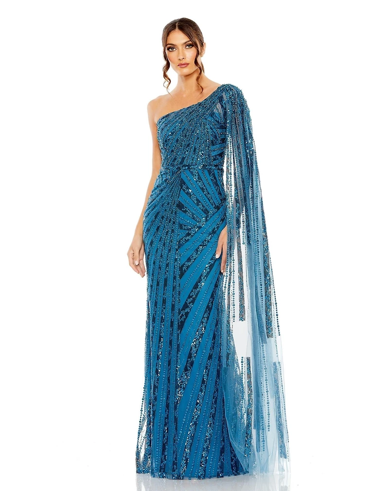 Mac Duggal Women's One Shoulder Cape Sleeve Embellished Gown