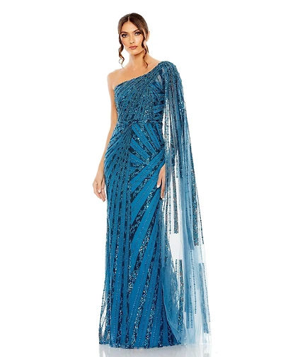 Mac Duggal Women's One Shoulder Cape Sleeve Embellished Gown