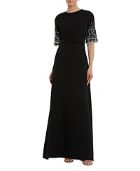 Mac Duggal Women's Crepe A Line Gown With Beaded 3/4 Sleeves