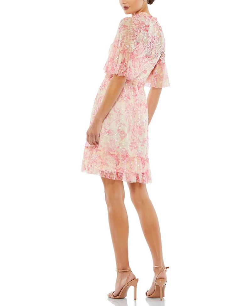 Women's Flounce Sleeve Embellished Dress