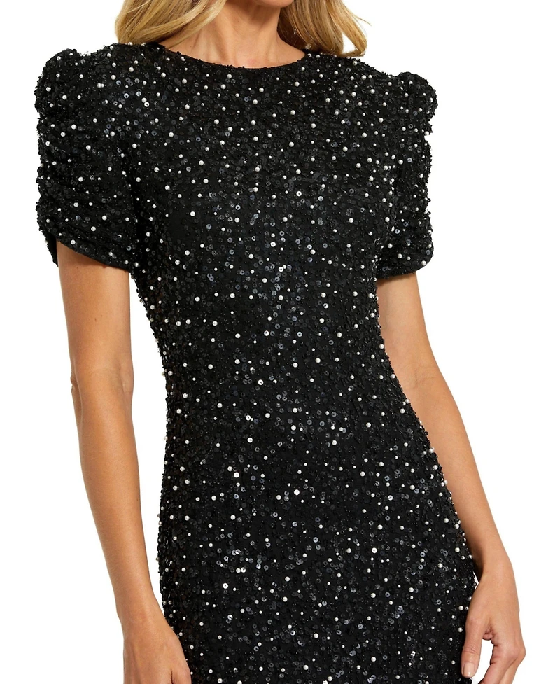 Mac Duggal Women's Gathered Short Sleeve Beaded Gown