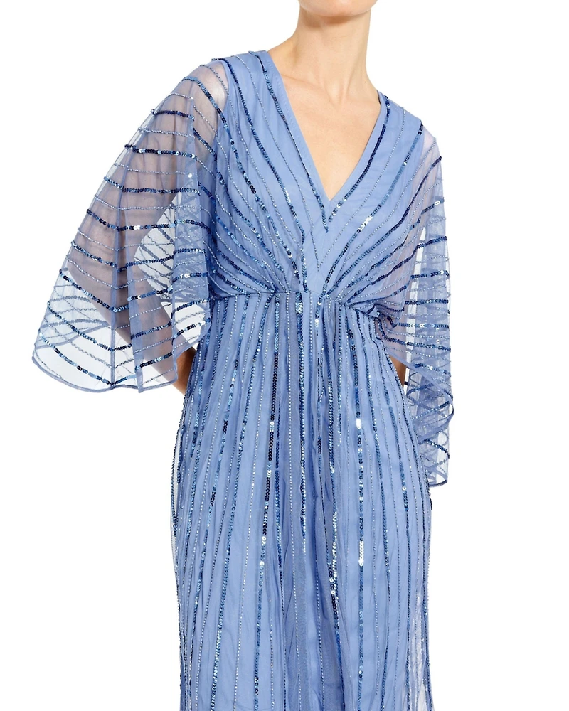 Mac Duggal Women's Beaded Striping Kimono Sleeve V Neck Dress